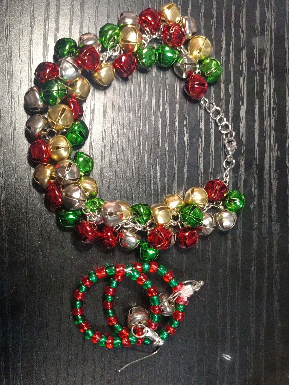 Festive Red, Green & Gold Bell Charm Bracelet and Earrings Set